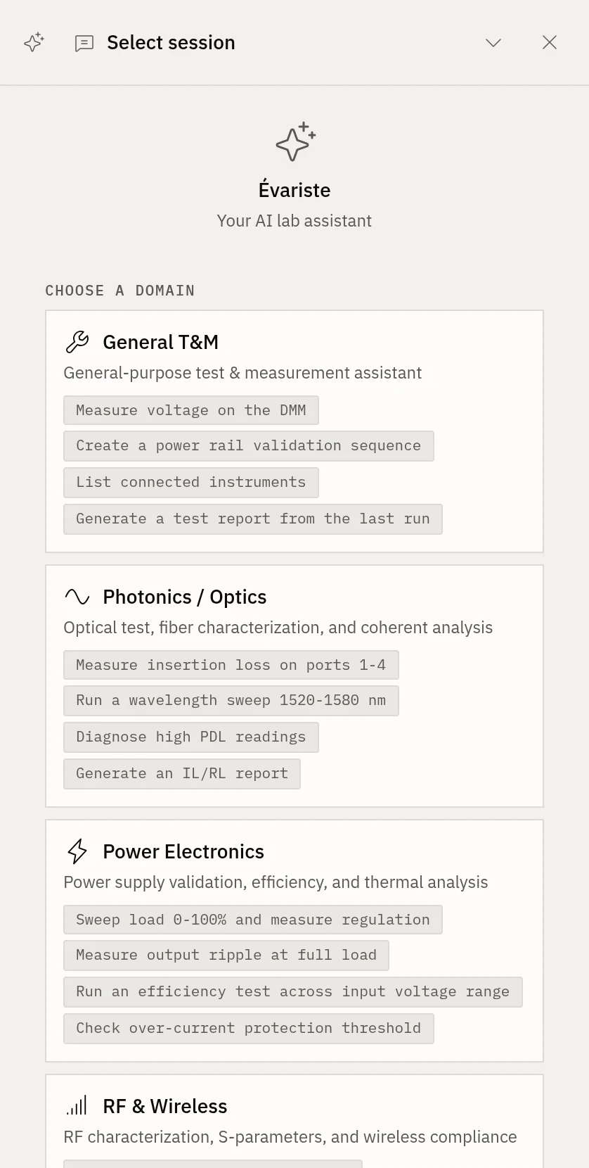 The Évariste agent panel in the Galois app, offering starter prompts by domain, such as measuring voltage on the DMM, creating a power rail validation sequence, and measuring insertion loss on ports 1-4. Demo data.