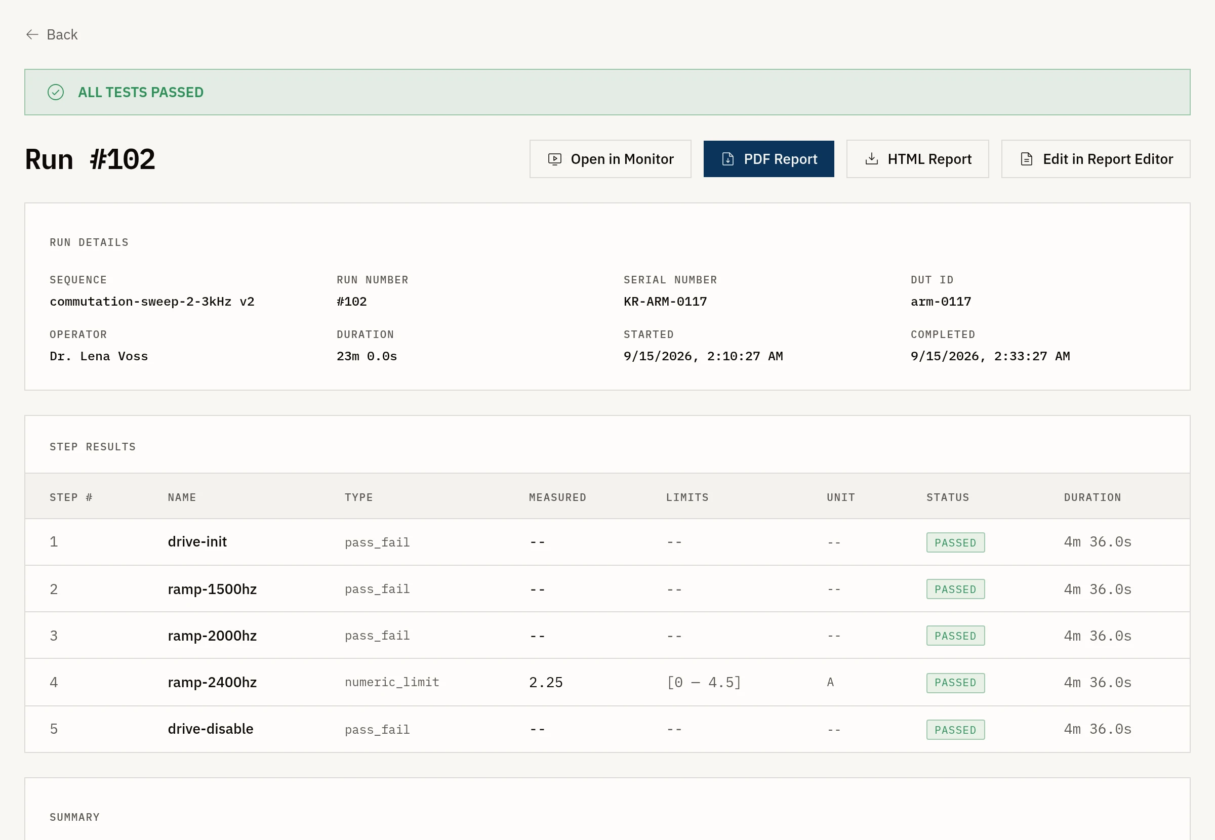 A passed Galois test run with per-step measured values, limits, and PASSED status, the record agents interpret instead of their own chat history. Demo data.