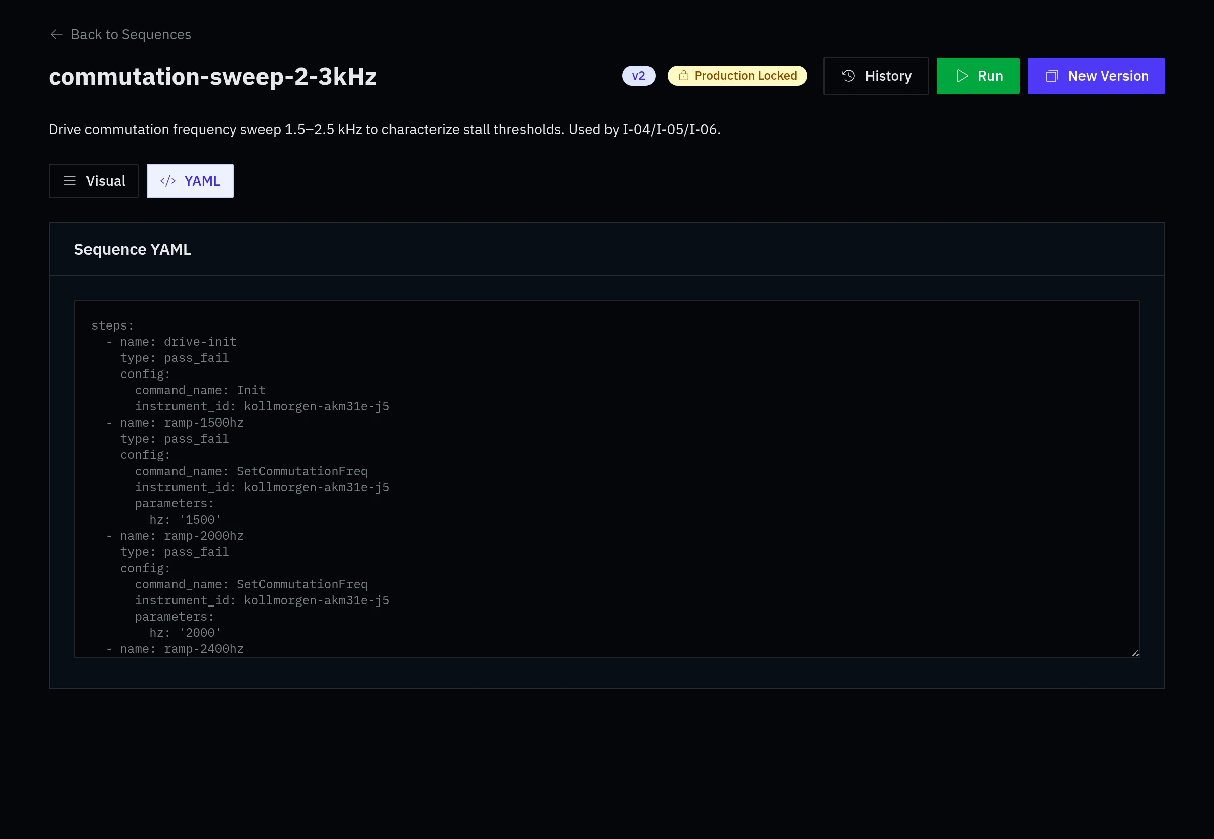 Galois sequence builder showing a version 2, production-locked test sequence in its YAML view, with History and New Version controls. Demo data.