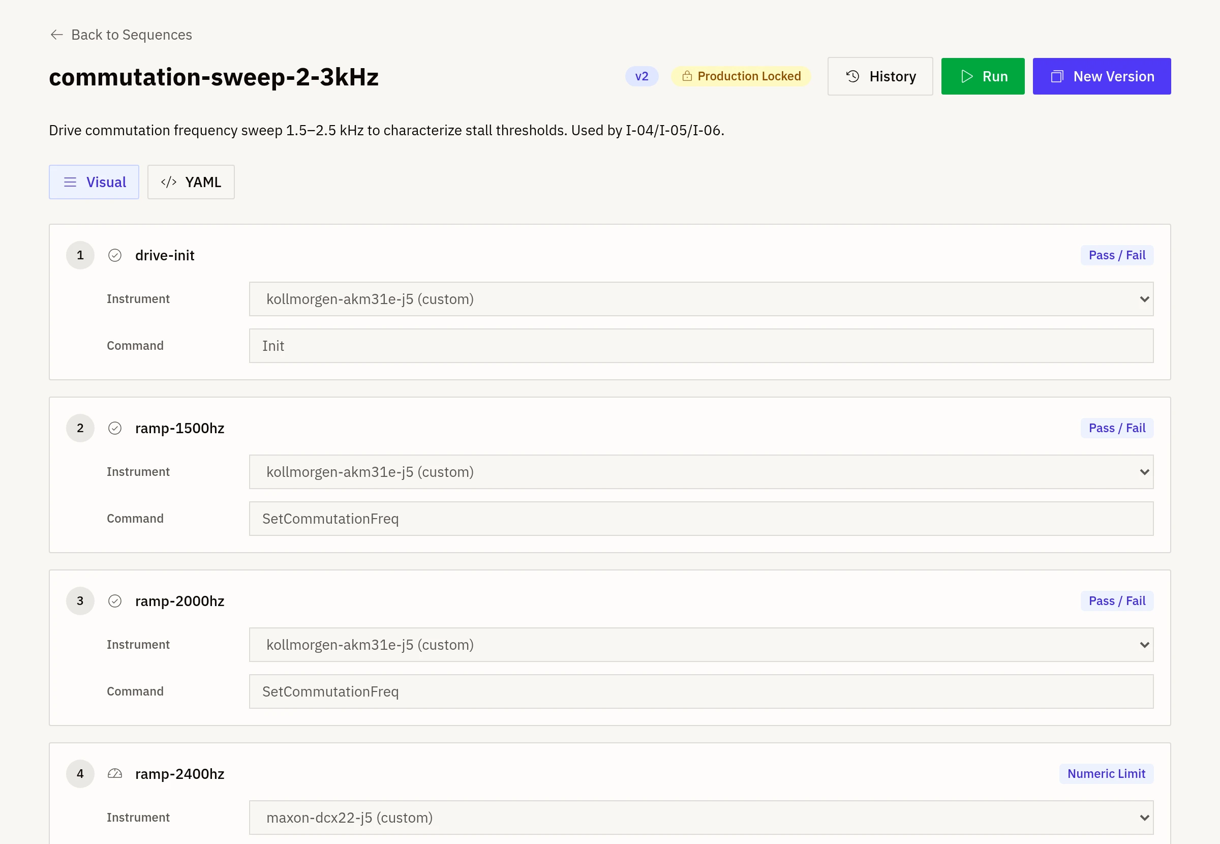 Galois sequence builder showing a version 2, production-locked sequence: each step names an instrument, a profile command, and a Pass/Fail or Numeric Limit check. Demo data.